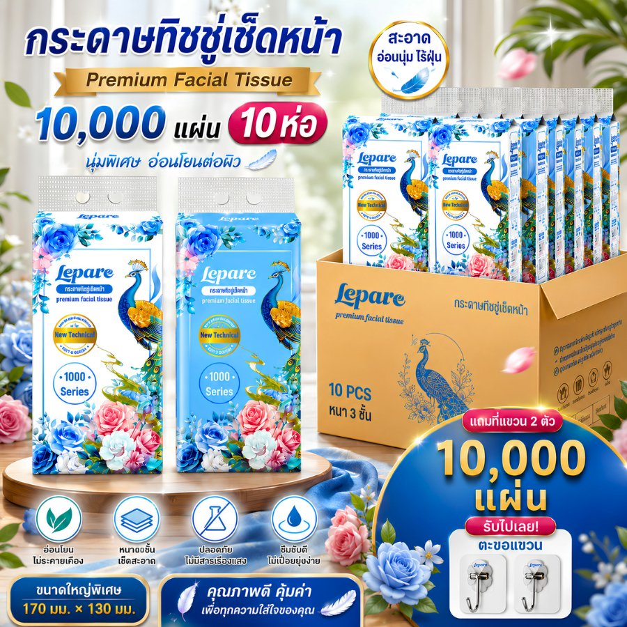 (10หิ้ว10000แผ่น) ทิชชู่เช็ดหน้าLepare แบบดึงแขวนได้ หนา4ชั้น กระดาษนุ่ม ไม่เป็นขุย เกรดGB/T20808 🩵✨