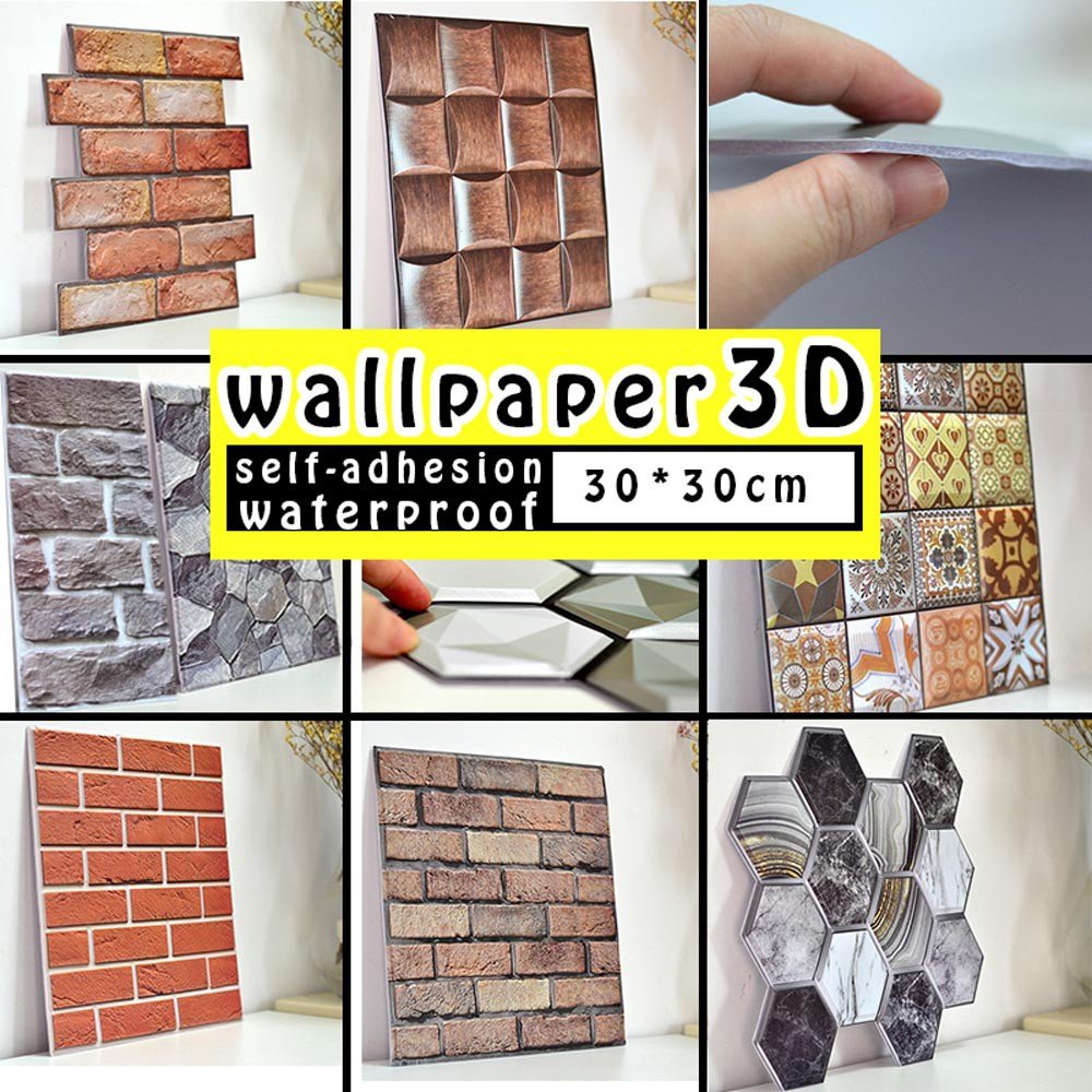 Wallpaper ติดผนังลายอิฐ 3D PVC สติ๊กเกอร์ตกแต่งผนังห้องนั่งเล่น มีกาวในตัว ติดง่ายดูเหมือนอิฐแท้