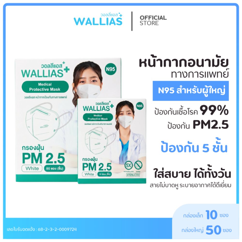 N95ผู้ใหญ่ แบบ 50/10 ชิ้น Medical Mask ยี่ห้อ Wallias สีขาว (สำหรับผู้ใหญ่) ป้องกัน PM 2.5