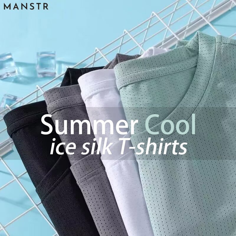 MANSTR [8 สี] M-5XL ผ้าไหมน้ําแข็งผู้ชาย แห้งเร็ว สีทึบกีฬาหลวมตาข่ายเสื้อยืดฤดูร้อนฤดูร้อนเย็นแขนสั้นลําลอง สงกรานต์ Songkran