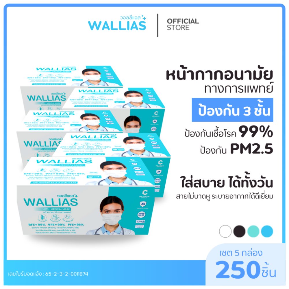 【5 กล่อง】 Wallias หน้ากากอนามัยทางการเเพทย์ แมสป้องกัน ฝุ่น PM2.5 แบคทีเรีย 99% Medical Mask มาตรฐาน อย.