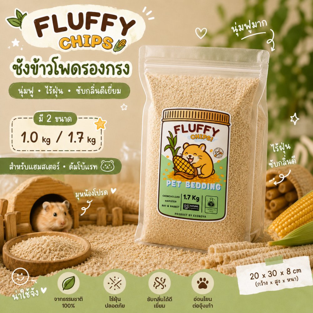 [Exonoya] FLUFFY CHIPS ซังข้าวโพดรองกรงสัตว์เลี้ยง 1kg / 1.7kg รองกรงแฮมสเตอร์ ดัมโบ้ กระต่าย ฝุ่นน้อย ซับกลิ่น