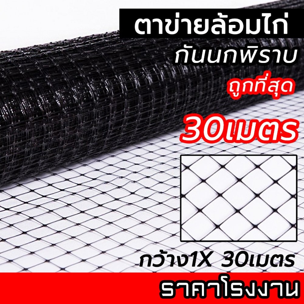 ตาข่ายล้อมไก่ ตาข่ายกันนกพิราบ 30ม. เกรดA สีดำ สีเทา ตาข่ายพลาสติก กรงไก่ ไล่นกพิราบ ป้องกันนกพิราบ เอ็นล้อมไก่ กันนก