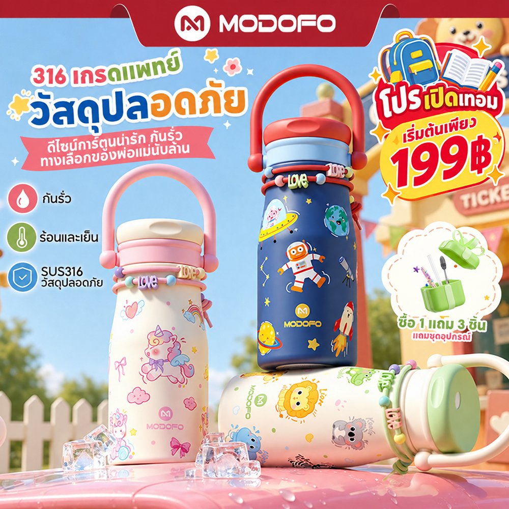 [✅ปลอดภัย วัสดุดี]MODOFO ขวดน้ําเด็ก 600ML กระติกน้ําเด็กไปโรงเรียน SUS316 ปลอดภัยยิ่งขึ้น น่ารักการ์ตูน แก้วเก็บความเย็ ขวดน้ํา เด็ก ไป โรงเรียน