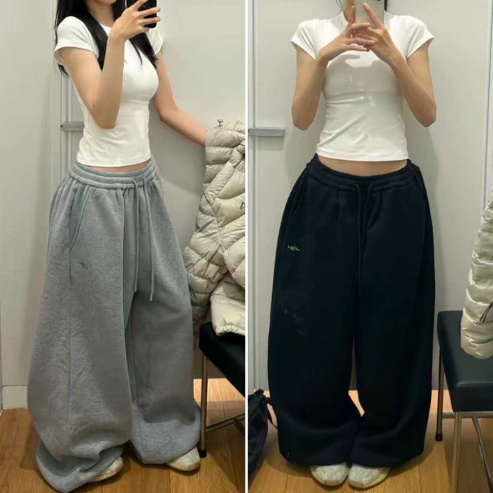 Hotgirl กางเกงกีฬาขาหลวมสไตล์วินเทจสุดเท่ การออกแบบเชือกผูก ยาวสบายๆลำลอง