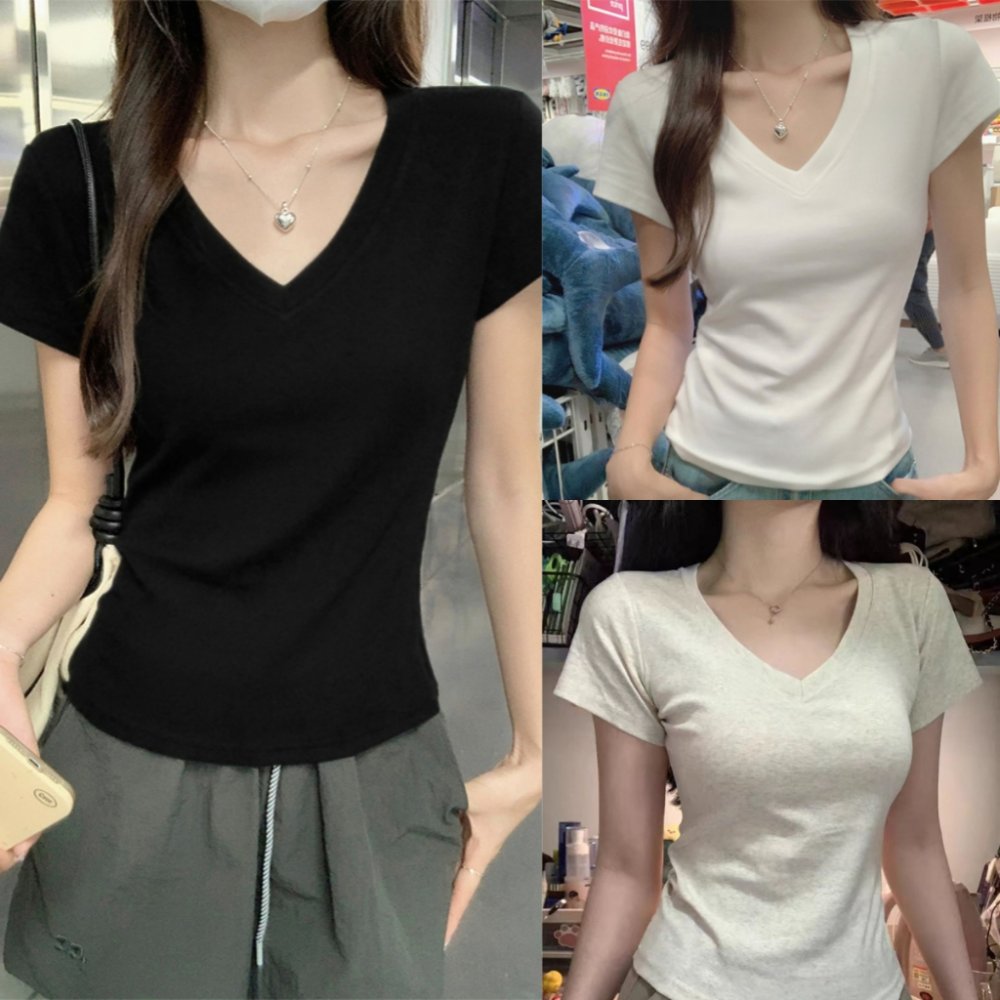 Bella Shop เสื้อยืดผู้หญิงทรงเข้ารูป คอวี ลำลอง สำหรับฤดูร้อน นุ่มและสวมใส่สบาย