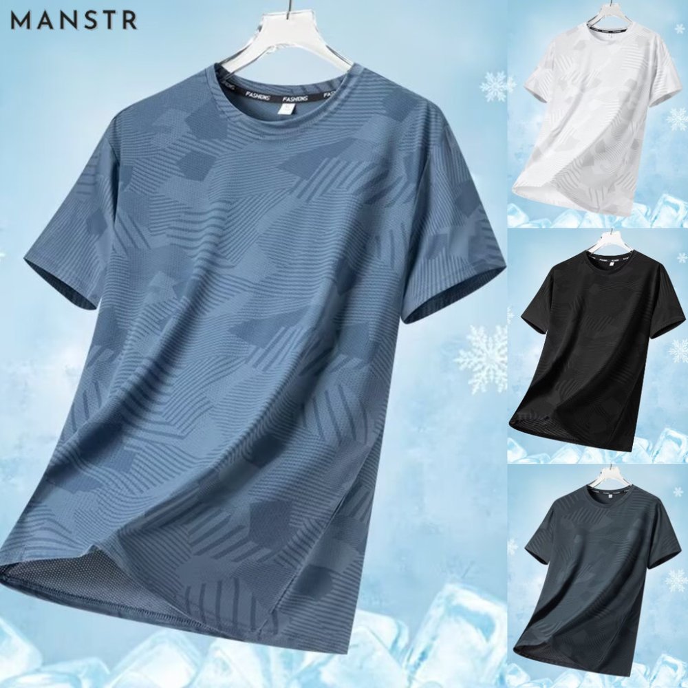 MANSTR ผู้ชายผ้าไหมน้ําแข็งตาข่ายแห้งเร็วหลวมแขนสั้นเสื้อยืดฤดูร้อนระบายอากาศรอบคอสบายๆกีฬาด้านบน สงกรานต์ Songkran