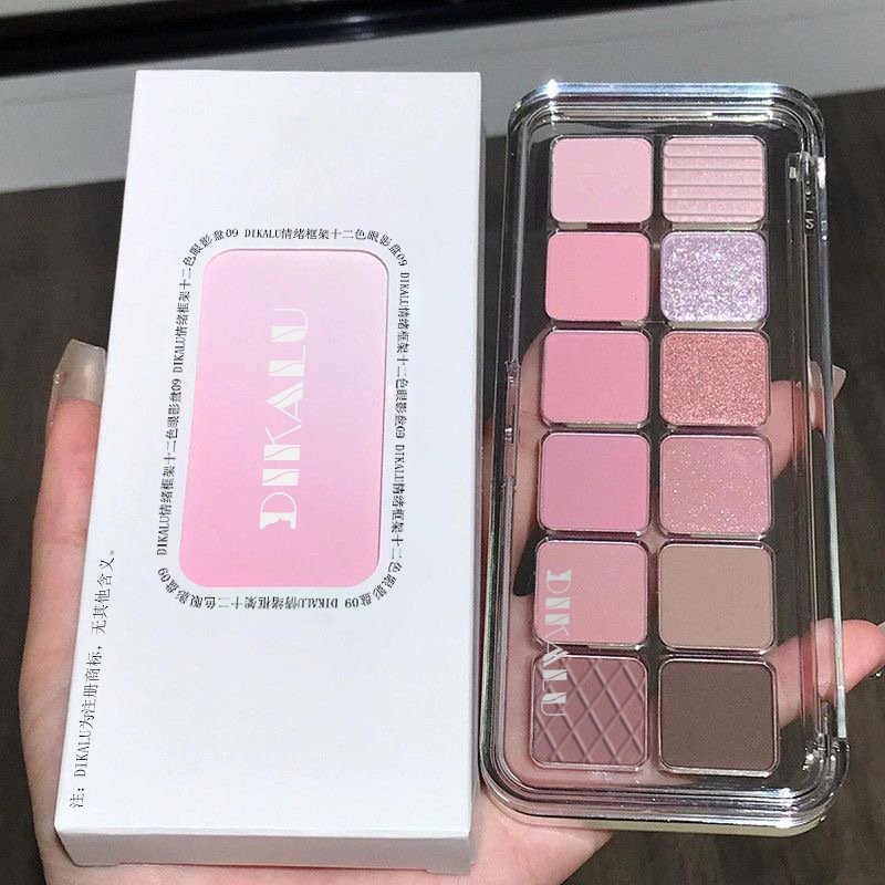 DIKALU พาเลตตา 12สี โทนสีชมพู สีส้ม เนื้อเรียบเนียน ประกายชิมเมอร์ ติดทน กันน้ำ สีธรรมชาติ เหมาะสำหรับผู้เริ่มต้น