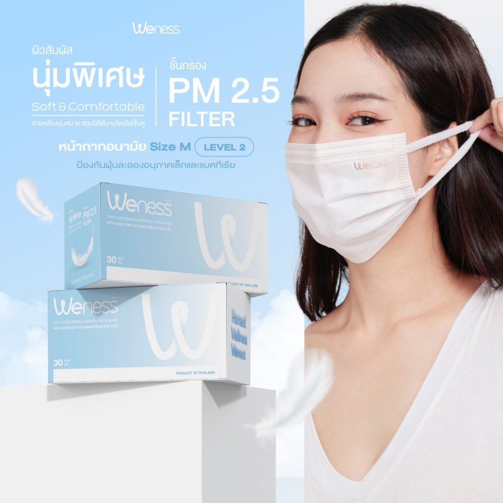 Weness วีเนสหน้ากากอนามัย รุ่นวีเเคร์ (Size M) หูหนา นุ่มพิเศษ ไม่เจ็บหู แพ็คแยกซอง อ่อนโยนต่อผิวหน้า