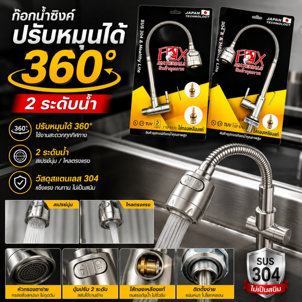 ก๊อกน้ำซิงค์ ปรับหมุนได้360 มีมอก. น้ำ 2 ระดับ ก๊อกอ่างล้างจาน สแตนเลสแท้ 304