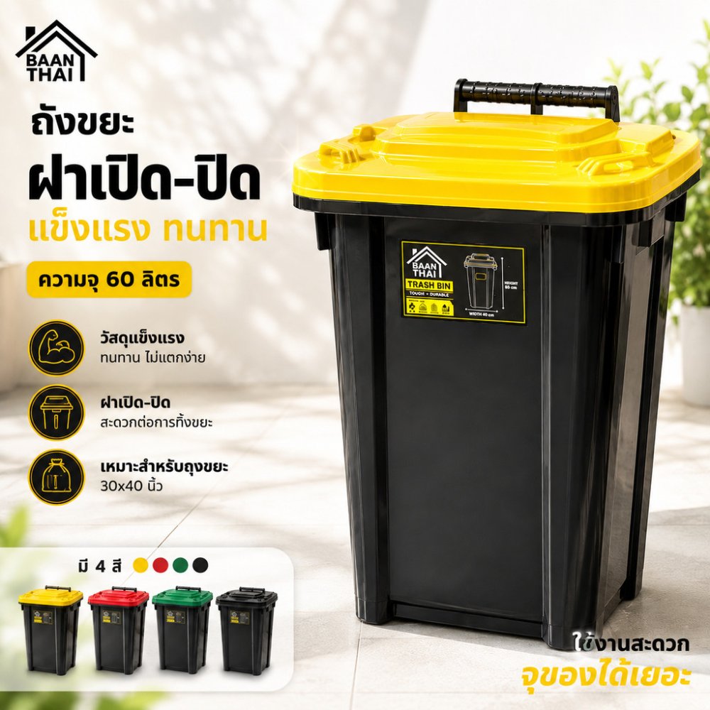 ถังขยะ 60ลิตร บ้านไท ไม่แตก ทนทาน เหนียวถังขยะพลาสติก มีฝาเปิด-ปิด มีที่จับ ใบใหญ่ ถัง ขยะ กทม