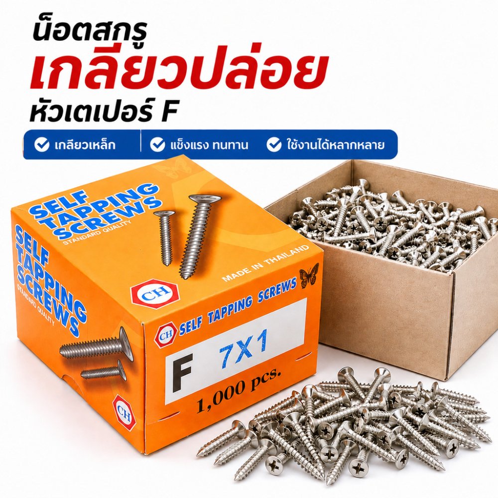 น็อต สกรู เกลียวปล่อย #7 หัวเตเปอร์ F ยกกล่อง เกลียวเหล็ก