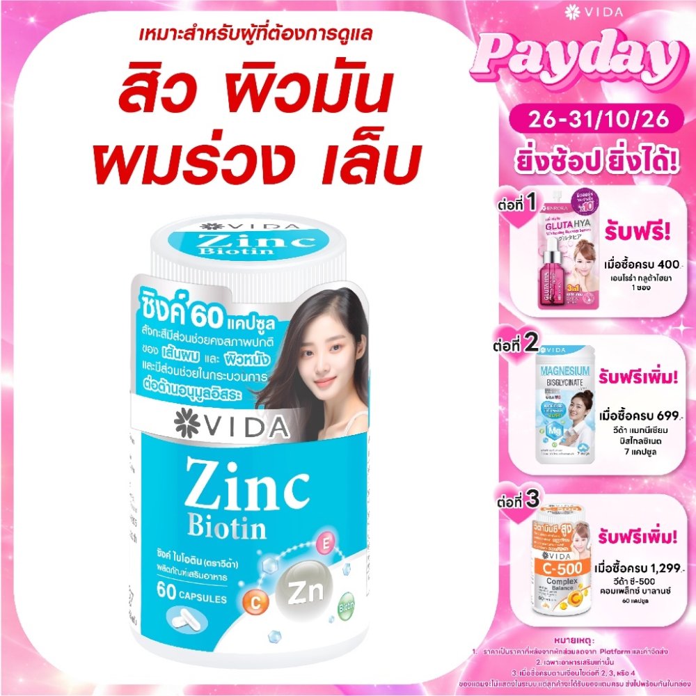 วีด้า ซิงค์ อเมริกา +ไบโอติน สิว ผิว ผม 60 แคปซูล Vida Zinc Biotin 60 Capsules