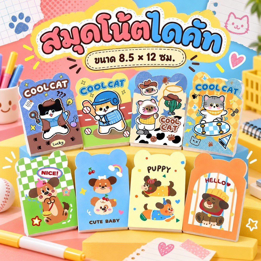 S0035 สมุดโน๊ต สมุดจดบันทึก ลายหน้าสัตว์ต่างๆ มีหู กระดาษ มีเส้นบรรทัด สมุดเปล่า