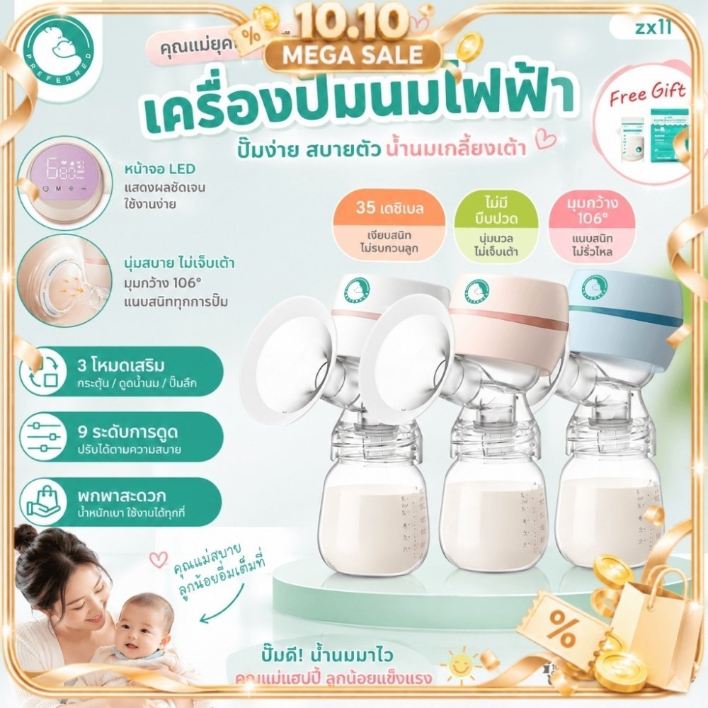 【ซื้อ 1 แถม 1】Preferred เครื่องปั๊มนมไฟฟ้า ในการดูดได้ 9 ระดับ 3 โหมด วัสดุ PPที่นำเข้า ไม่มี BPA ปลอดภัย ไร้กลิ่น ZEB11