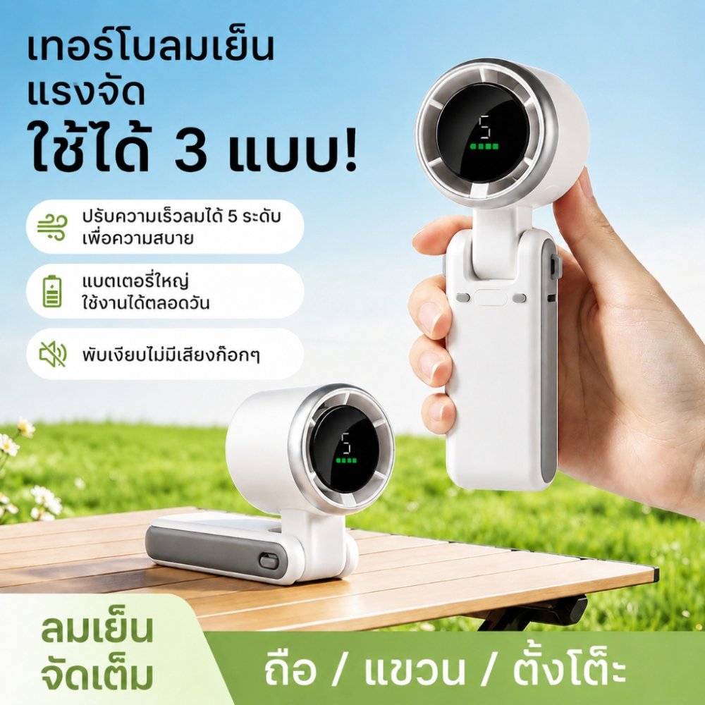 พัดลมพกพา ไม่มีเสียง 10000rpm พัดลมพกพาชาร์จแบตได้ Type-C พับได้ ตั้งโต๊ะได้ พัดลมแคมป์ปิ้ง 3in1 พัดลมมือถือ