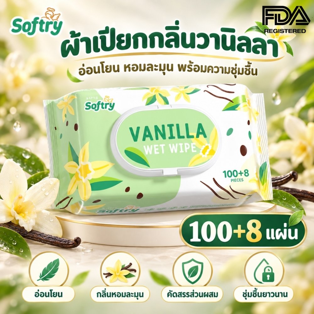 Softry ทิชชู่เปียก 108แผ่นx 5 แพ็ค (540 แผ่น) กลิ่นวานิลลา สารสกัดวานิลา naturelle ชุ่มชื้นผิวเด็ก