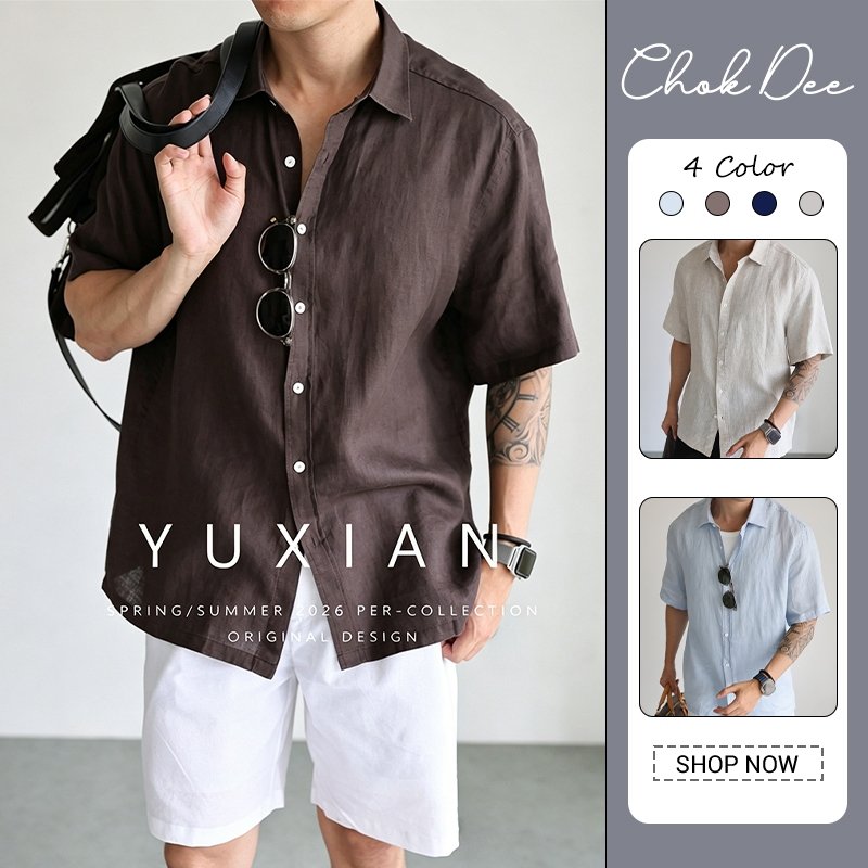เสื้อเชิ้ตแขนสั้นผู้ชาย ทำจากผ้าลินินแห้งเร็ว สวมใส่สบายสำหรับเทศกาลสงกรานต์และวันหยุดที่ชายหาด