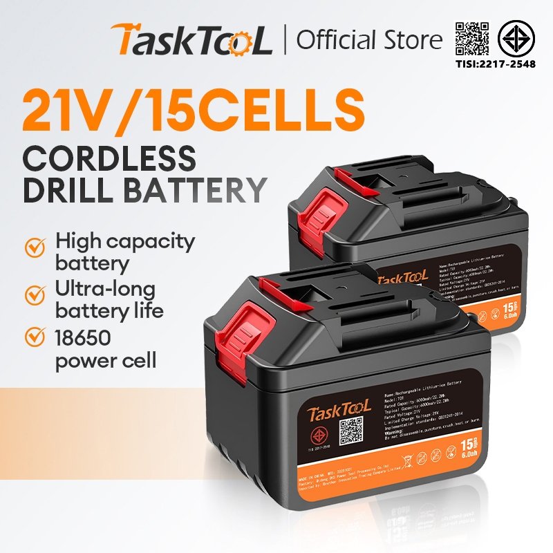 TASKTOOL 15Cells แบตเตอรี่ 21v ลิเธียม แบตเตอรี่ 6AH-15ก้อน-5C แบตเตอรี่21โวลสำหรับเครื่องมือไฟฟ้า TISI STANDARD