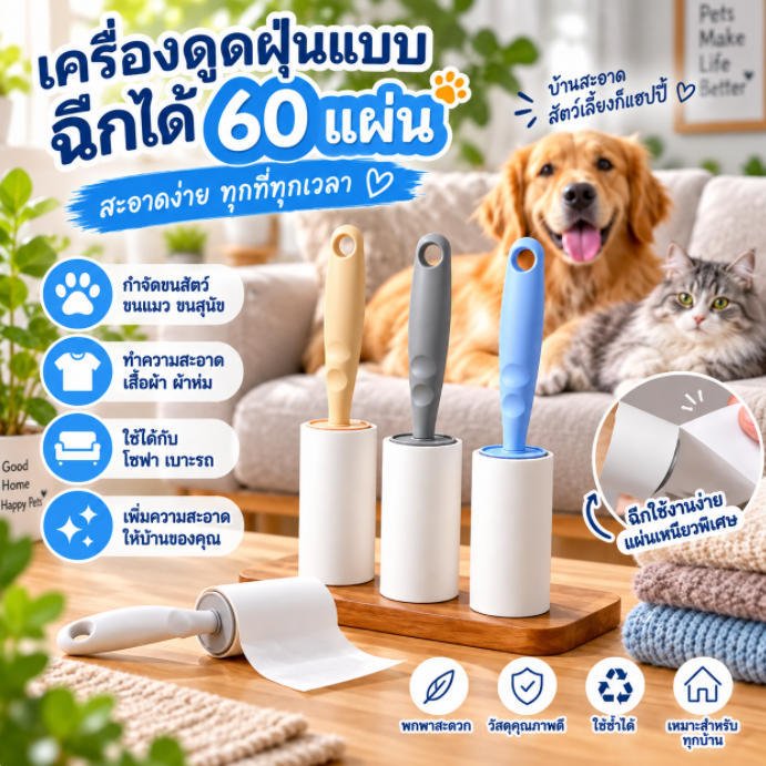 ลูกกลิ้งเก็บฝุ่น ฉีกได้ 60 แผ่น กำจัดขนแมว ขนสุนัข ขนสัตว์เลี้ยง ทำความสะอาดเสื้อผ้า โซฟา เบาะรถ ใช้งานง่าย
