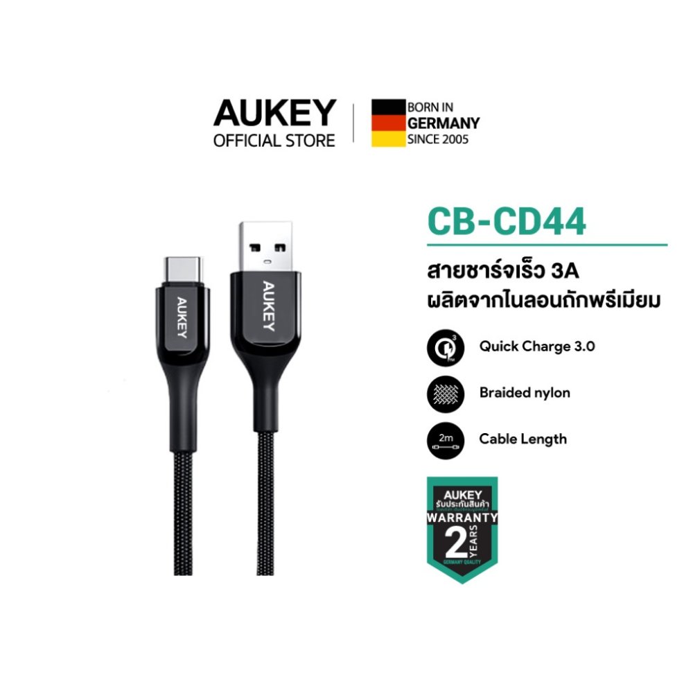 [รองรับ iPhone 18] AUKEY สายชาร์จ 60W Nylon USB-A to C 3A QC3.0 + CarPlay&AndroidAuto CB-CD43/CD44