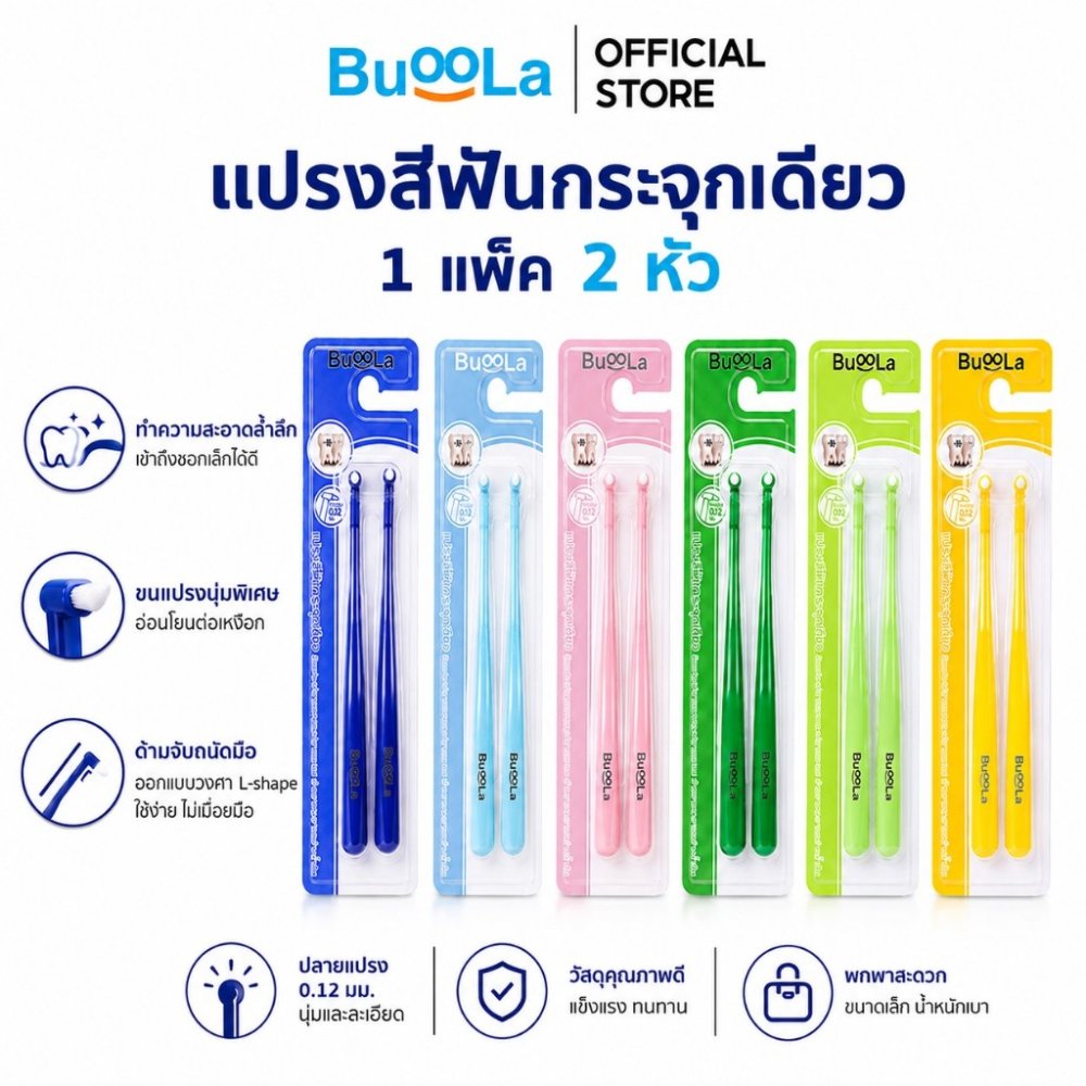 [สำหรับคนจัดฟัน 1แพ็ค 2 ชิ้น] Buoola แปรงสีฟันกระจุกเดียว ขนแปรงนุ่มพิเศษ ขนาดเล็กเพียง 0.12 มม.
