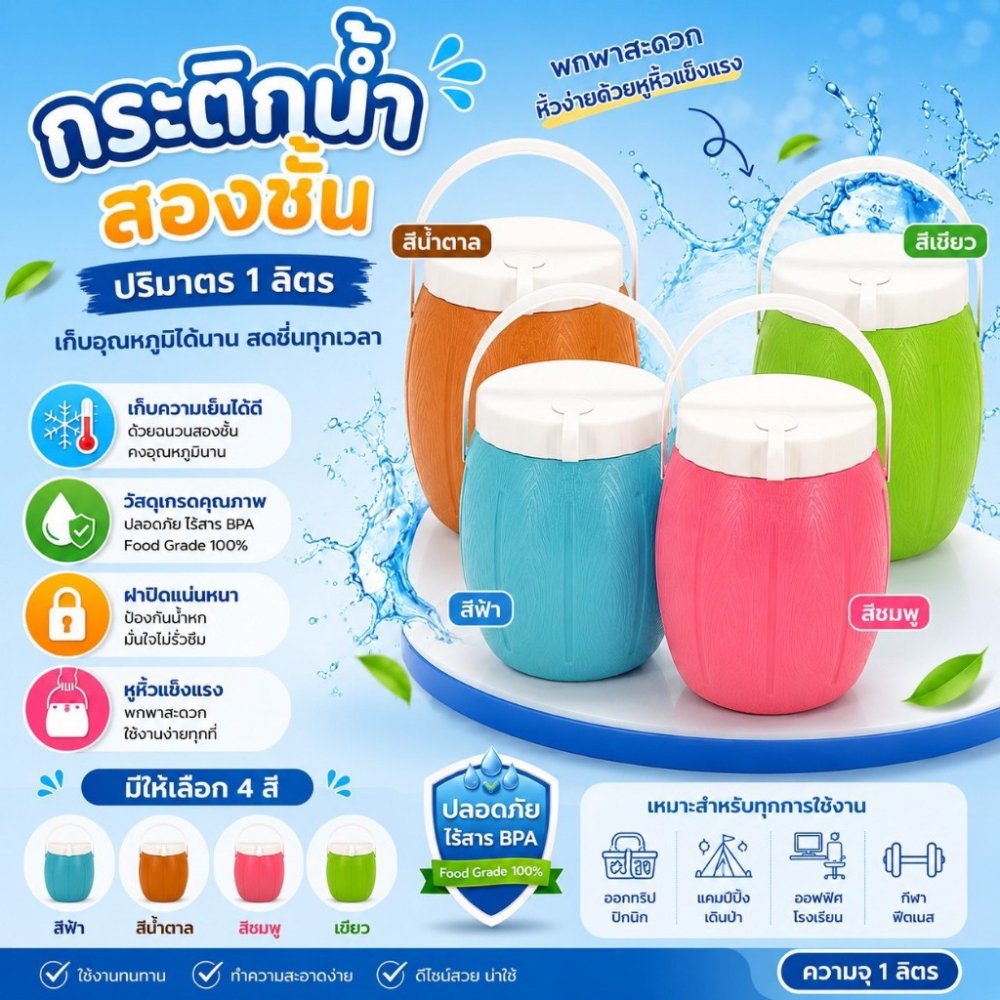 HM-501 กระติกน้ำพลาสติก 2 ชั้น ปริมาตร 1 ลิตร ( พร้อมส่ง )