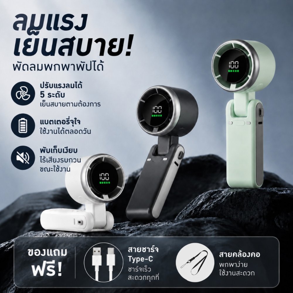 พัดลมพกพา เสียงเบา พัดลมพกพาชาร์จแบตได้ USB พับได้ ตั้งโต๊ะได้ พัดลมมือถือ 10000rpm พัดลมแคมป์ปิ้ง 5 ระดับแรงลมปรับได้