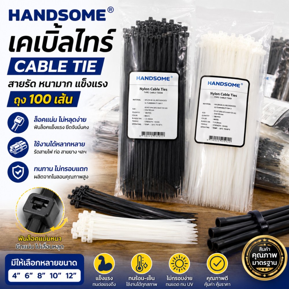 เคเบิ้ลไทร์ หนวดกุ้ง Cable Tie สายรัด หนามาก ถุง100เส้น 4”,6”,8”,10”,12”