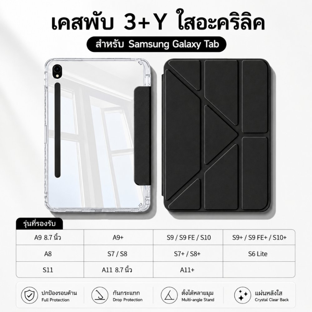 3+Yพับ เคส Samsung Galaxy Tab A11 S11 S10 lite S6 lite A11+ A8 A9 S8 S9 A9+/S9 FE+ อะคริลิก Case เคสหลังใส