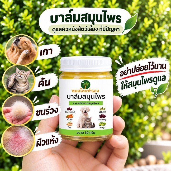 ครีมบาล์มดูแลผิวหนังสัตว์เลี้ยง ที่มีปัญหา สูตรสมุนไพร สำหรับสุนัข แมว 20-50 กรัม หมอไทยทำเอง