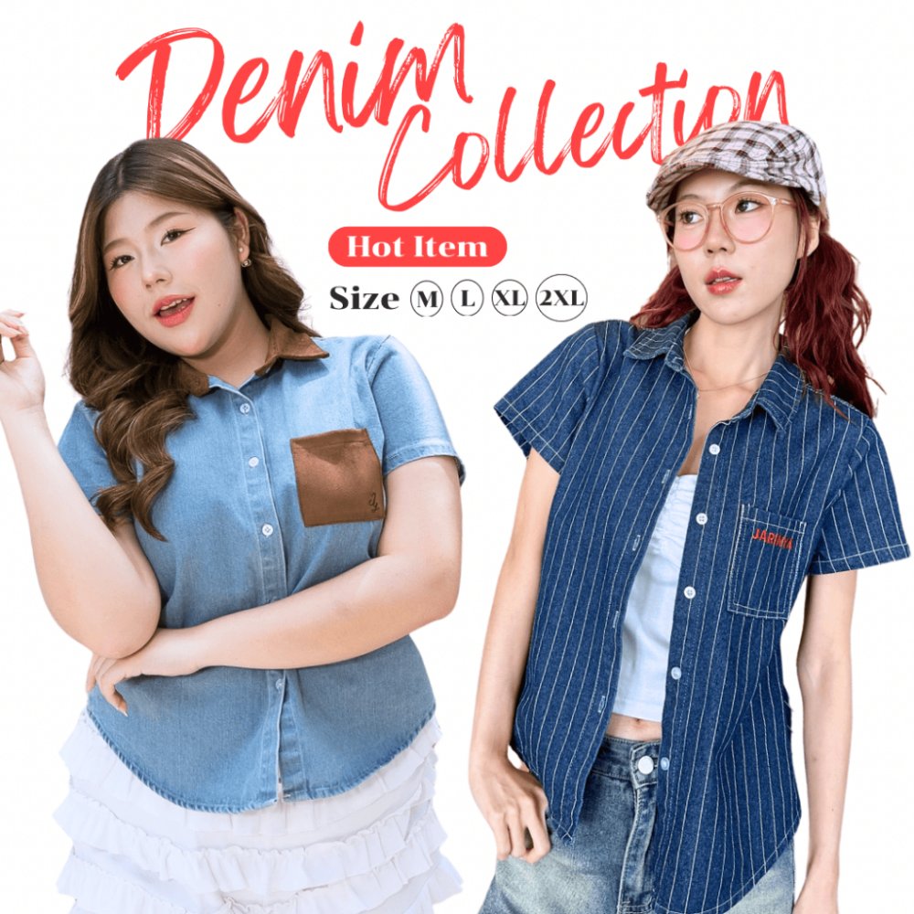 JARINYA (M-2XL) เสื้อเชิ้ตยีนส์แขนสั้น แต่งกระเป๋างานปัก JARINYA ผ้ายีนส์แท้ เนื้อดีไม่บาง ทรงสวยเข้ารูป