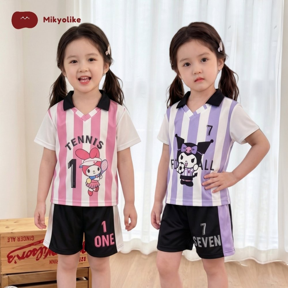 2-12 ปี ชุดสูทเด็กผู้หญิงแฟชั่น เสื้อแขนสั้นกางเกงขาสั้น พิมพ์ลายการ์ตูนน่ารัก ระบายอากาศ สองชิ้น ใส่สบาย สไตล์เกาหลี