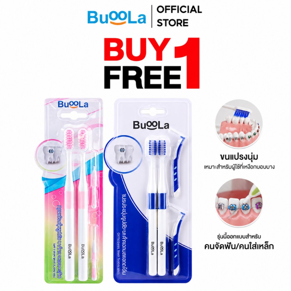 [สำหรับคนจัดฟัน 1 แถม 1] Buoola แปรงสีฟันพร้อมแปรงขัดซอกฟัน 1แพ็ค 4 ชิ้น ขนแปรงนุ่ม สองชั้น ปากสะอาด