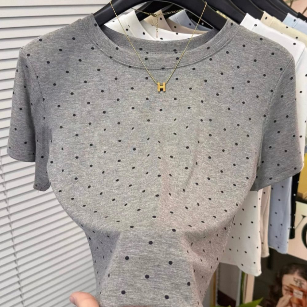 UM M-3XL ไหล่ผู้หญิง ลายจุด สไตล์เกาหลี ดีไซน์สุดคลาสสิก แขนสั้นเสื้อยืด สายรัด ฤดูร้อน ทุกโอกาส เกาหลี หญิง สาว ฮอต