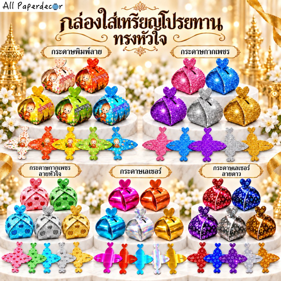 กล่องเหรียญโปรยทาน ทรงกล่องหัวใจ ส่งด่วนใน 1 วัน มีระบบล็อคในตัว ไม่ต้องใช้กาว ใช้งานง่าย