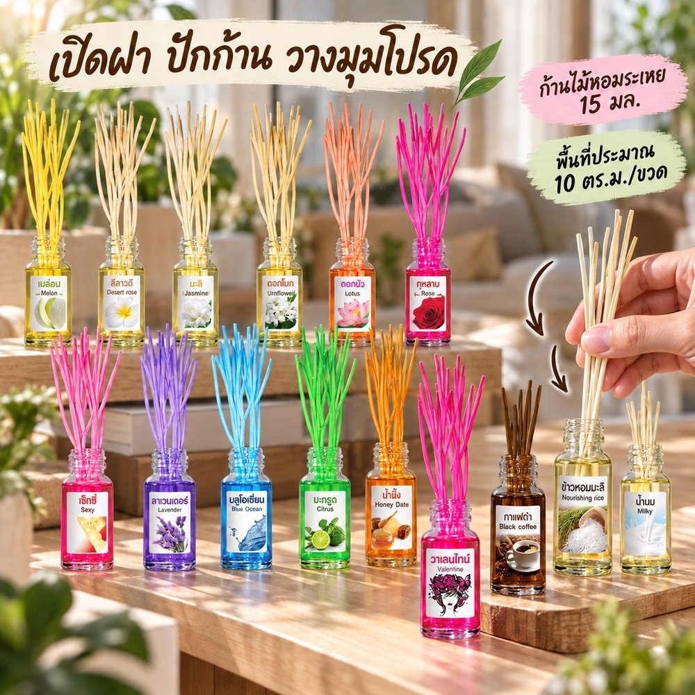 15มล. ก้านไม้หอม H0001 ปรับอากาศ น้ำหอมอโรม่า เลือกกลิ่นได้จาก มี50กลิ่น น้ำมันหอมระเหย