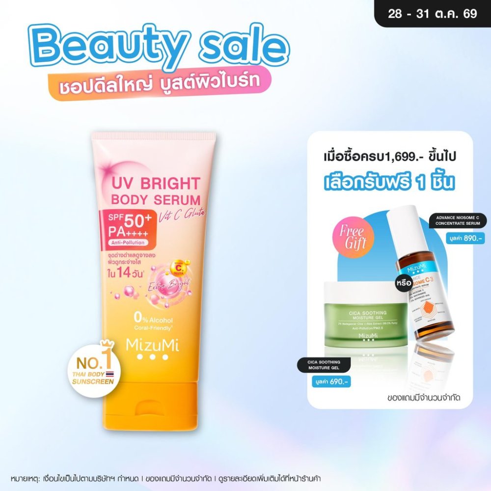 MizuMi UV Bright Body Serum Vit C Gluta 180ml เซรั่มกันแดดทาผิวกาย สูตรวิตซีกลูต้า สยบจุดด่างดำ ผิวเรียบเนียน กระจ่างใส