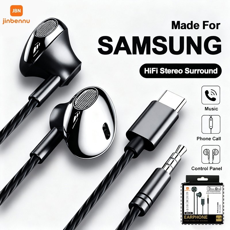 USB Type C 9D HiFi หูฟังไฮไฟเบสสเตอริโอควบคุมระดับเสียงไมค์3.5มิลลิเมตรสายหูฟังสำหรับ s amsung g alaxy S24 S23 S22 S21อัลตร้า iPhone 15 PRO MAX wired earphones headset