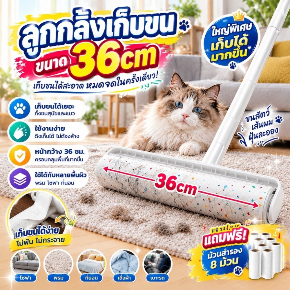 🐱ลูกกลิ้งเก็บขน 🐱ที่กลิ้งกำจัดฝุ่นแบบยาว เก็บขนสัตว์เลี้ยง ขนาด 24cm กระดาษกาว ทําความสะอาด ด้ามจับปรับความยาวได้