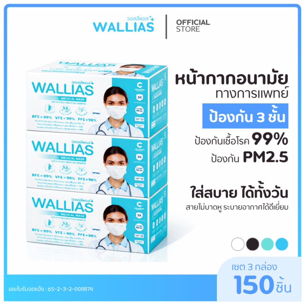 【แมส 3 ชั้น】Wallias หน้ากากอนามัยทางการเเพทย์ แมส 3 ชั้น ป้องกัน ฝุ่น PM2.5 ไวรัส แบคทีเรีย 99% Medical Mask