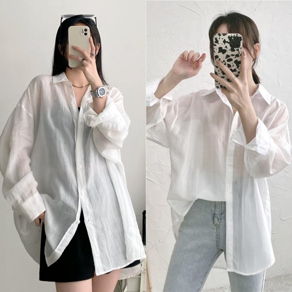 cherryshop🍒พร้อมส่ง เสื้อแฟชั่นหญิง ผู้หญิงเสื้อบาง สีขาว สไตล์หลวมๆ สไตล์เกาหลีเรียบง่าย สบายๆ และอเนกประสงค์