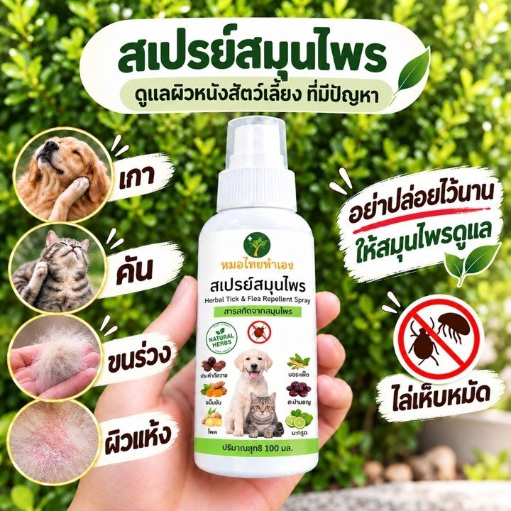 หมอไทยทำเอง สเปรย์ดูแลผิวหนังสัตว์เลี้ยง ที่มีปัญหา สูตรสมุนไพร สำหรับสุนัข แมว 100 ml.