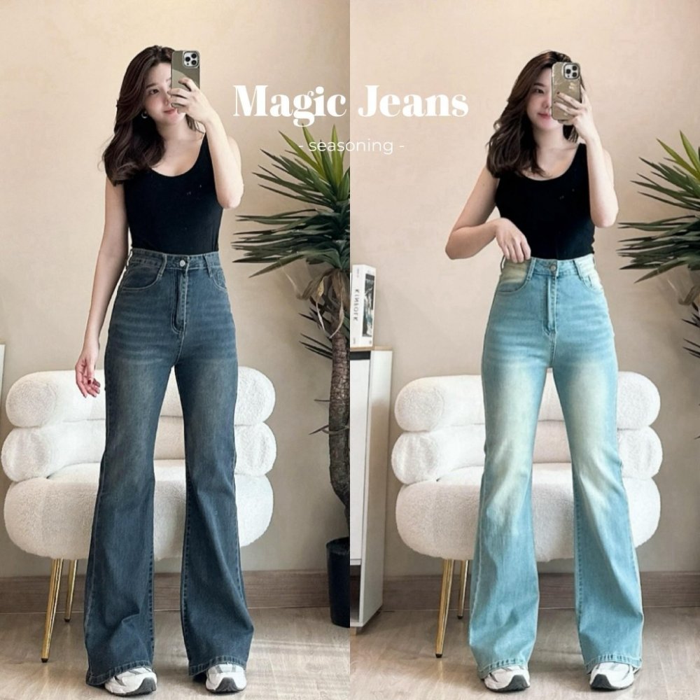 [ใช้โค้ดส่วนลดได้] ยาว 37-38 SEASONING รุ่น Magic Jeans กางเกงยีนส์ทรงขาม้า ปลายขาบาน เอวสูง ไซส์ S-7XL ผ้ายืด