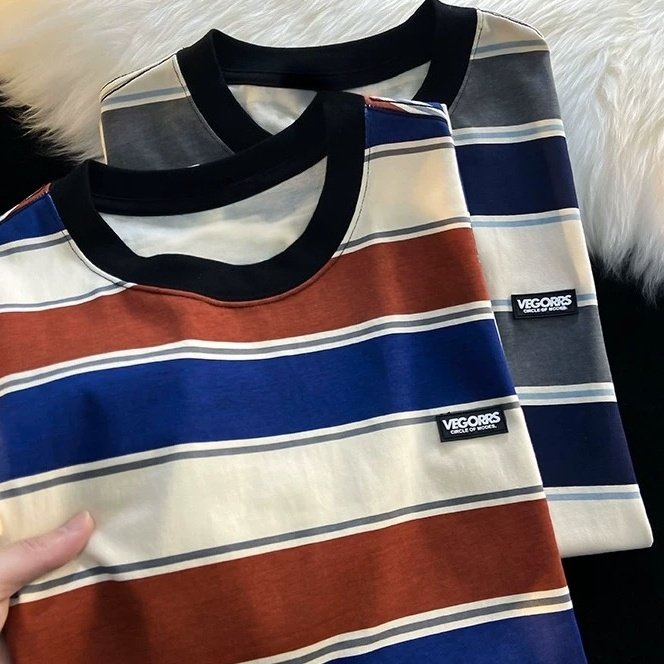 PROMAN เสื้อยืดลายริ้ว unisex เสื้อผ้าฝ้าย ทรงโอเวอร์ ผ้าระบายเหงื่อ แมทช์ทุกลุค สไตล์เกาหลี เหมาะฤดูร้อน พร้อมส่ง