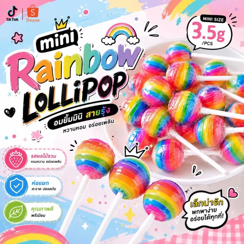 อมยิ้ม 2 บาท ลูกอม Mini Lollipop น้ำหนัก3g./ชิ้น อมยิ้มสายรุ้ง ขนาดมินิ สีสันสวยงาม อมสนุกเคี้ยวอร่อย หวานหอม ลูกอมเด็ก