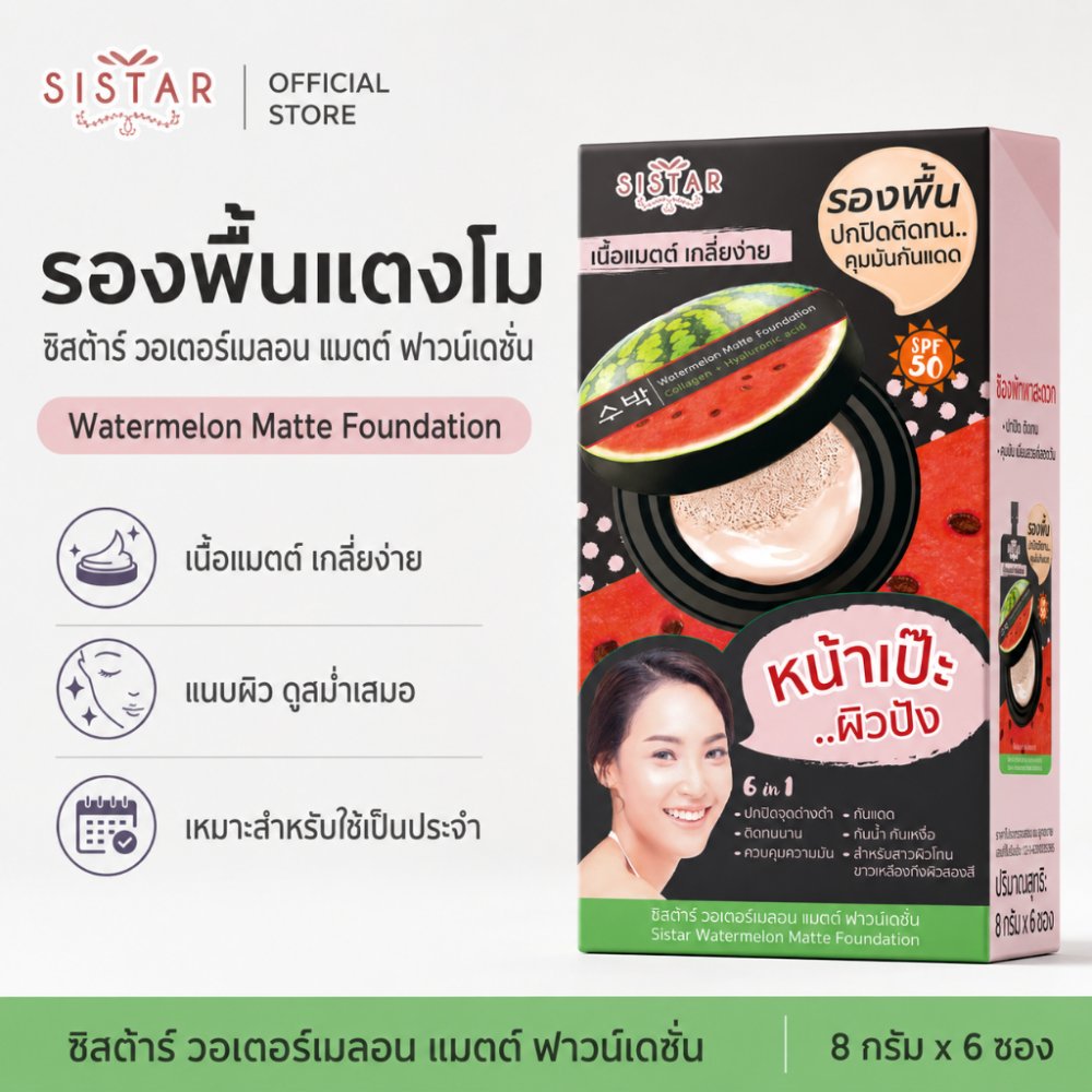 Sistar Official ซิสต้าร์ รองพื้นแตงโม วอเตอร์เมลอน แมตต์ ฟาวน์เดชั่น กล่อง 6 ซอง (SST10)
