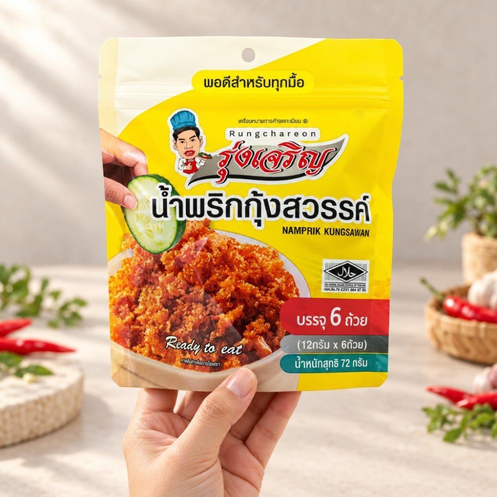 น้ำพริกกุ้งสวรรค์ ตรารุ่งเจริญ ชนิดแพค 6 ถ้วยมินิ จำนวน 1 แพค ฟรี 1 ชิ้น