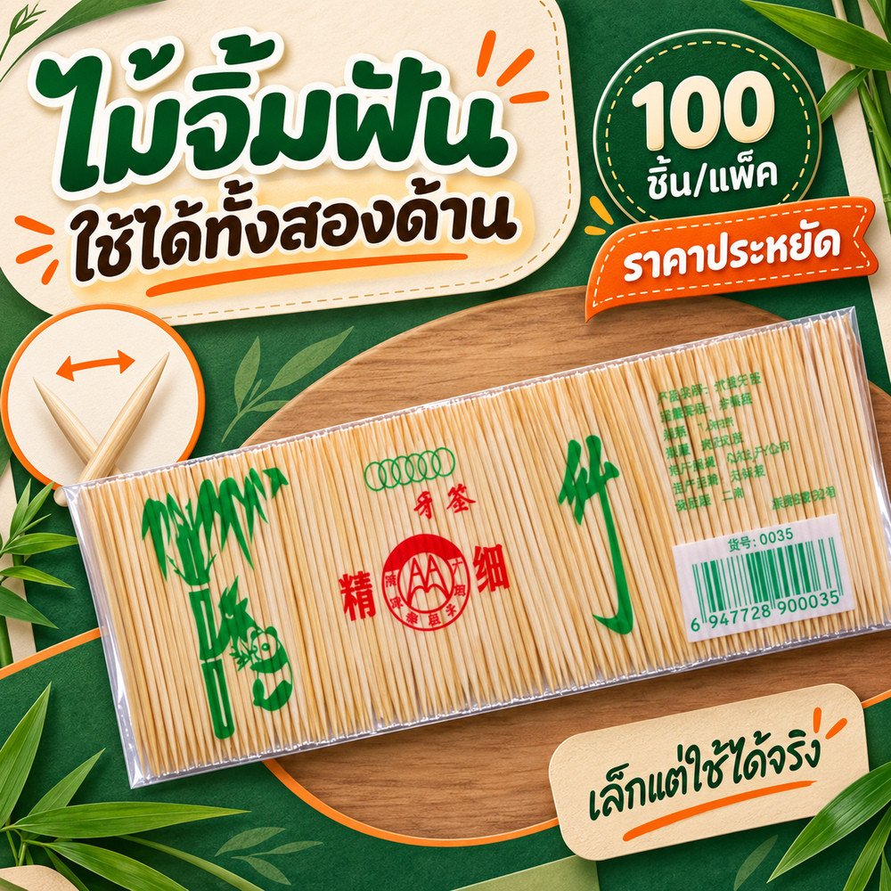 ไม้จิ้มฟัน ด้ามไม้ ทำจากไม้ไผ่ S0113 คุณภาพดี 100ชิ้น/ถุง ขนาดมาตรฐาน ไม้แคะฟัน