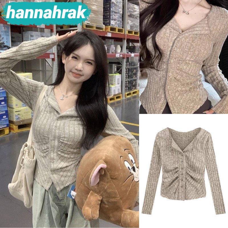 (ส่งจากกรุงเทพฯ)เสื้อคาร์ดิแกนลําลอง แขนยาว คอปก ติดกระดุม สีพื้น เข้ากับทุกการแต่งกาย สไตล์ใหม่ เสื้อแขนยาวผู้หญิงสไตล์